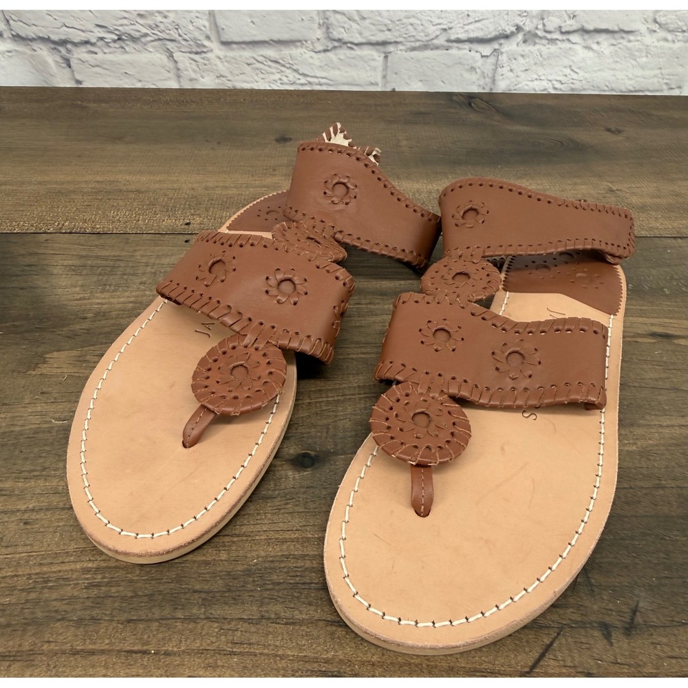 Jack Rogers Cognac Brown Leather Whipstitch Gladiator Thong Sandals Womens 7M - Picture 1 of 10